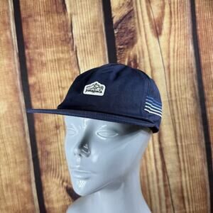 Patagonia Hat Cap Snap Back Navy Blue Stripe Patch Outdoors Mens Medium Logo
